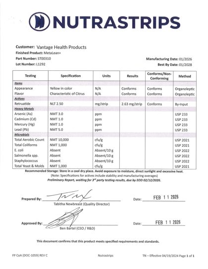 MetaLean+ G3 Certificate of Analysis