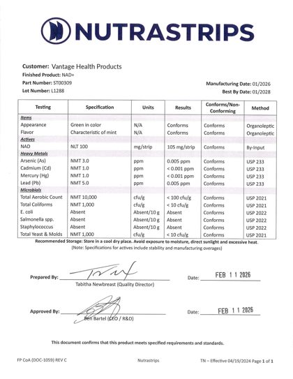 NAD+ Recharge Certificate of Analysis
